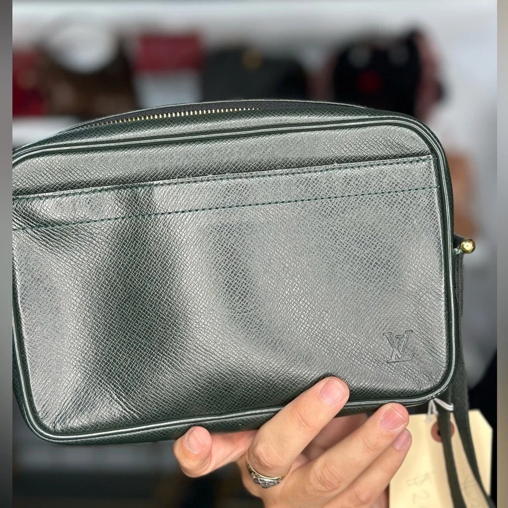 LV Green Taiga Leather Wristlet